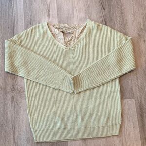 Poof! Pale Green V-Neck Knit Sweater with Lace Inset